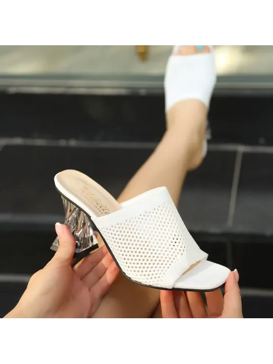 Akva Beyaz Triko Şeffaf Topuklu Terlik