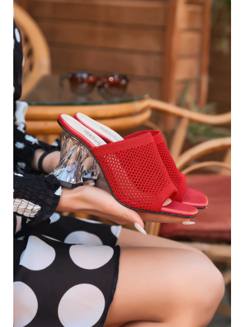 Akva Kırmızı Triko Şeffaf Topuklu Terlik Akva Kırmızı Triko Şeffaf Topuklu Terlik