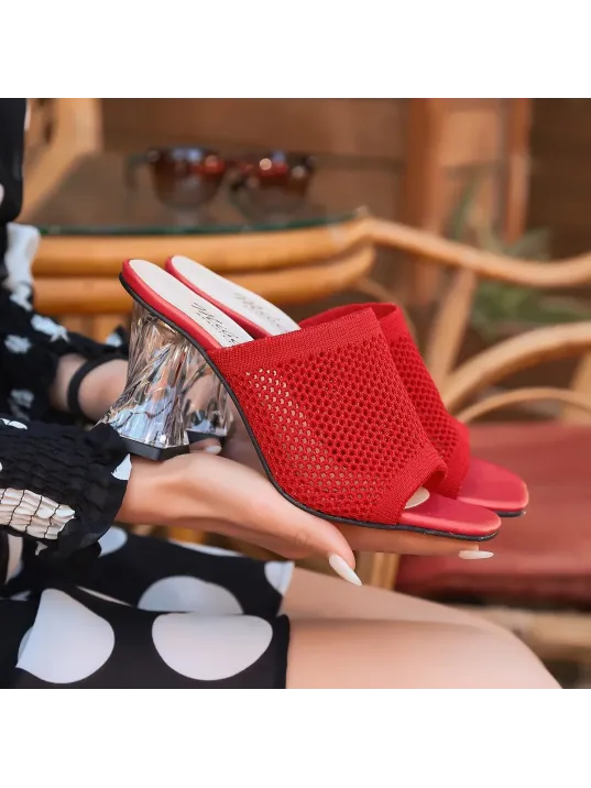 Akva Kırmızı Triko Şeffaf Topuklu Terlik