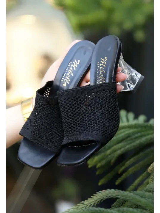 Akva Siyah Triko Şeffaf Topuklu Terlik Akva Siyah Triko Şeffaf Topuklu Terlik