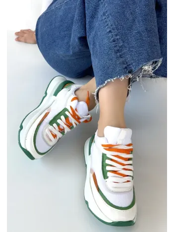 Aleh Beyaz Cilt Yeşil Detaylı Çift Bağcıklı Spor Ayakkabı