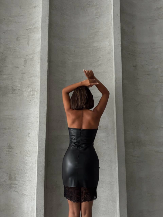 Altı dantelli straplez deri elbise siyah w240419 Altı dantelli straplez deri elbise siyah w240419