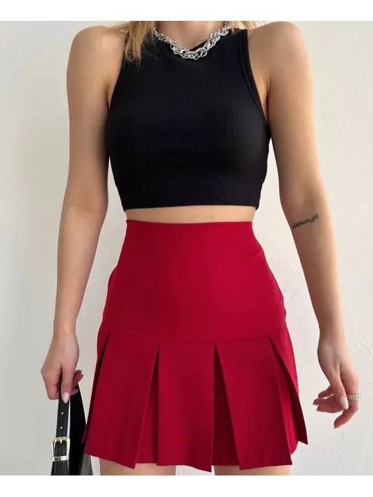 Altı Geniş Pileli Etek Bordo S24729