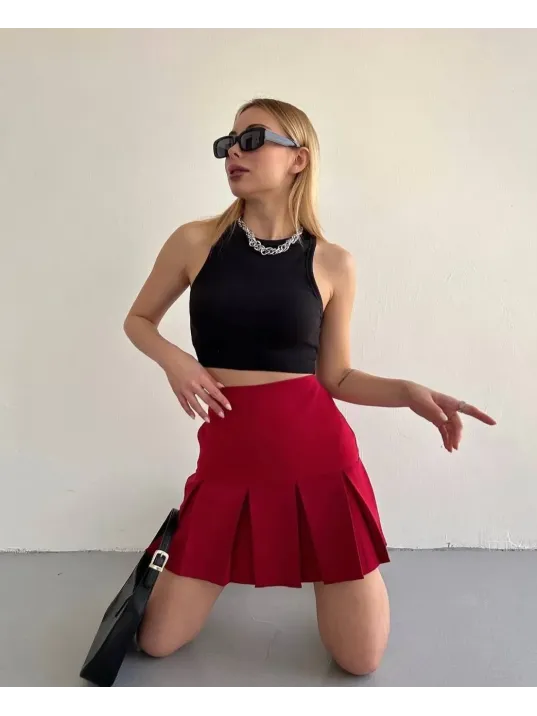 Altı Geniş Pileli Etek Bordo S24729