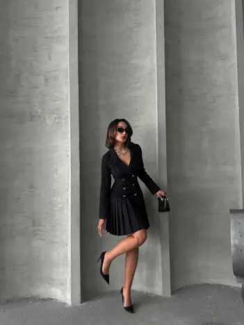 Altı Piliseli Uzun Kollu Ceket Elbise Siyah S255016 Altı Piliseli Uzun Kollu Ceket Elbise Siyah S255016