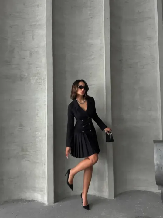 Altı Piliseli Uzun Kollu Ceket Elbise Siyah S255016