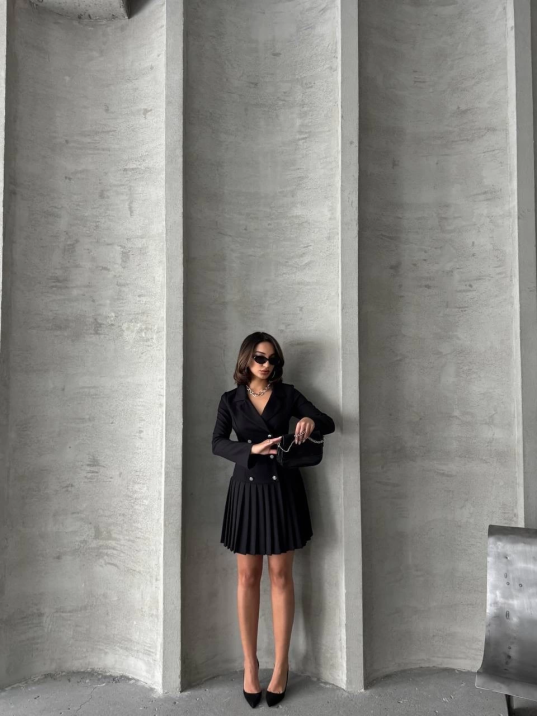 Altı piliseli uzun kollu ceket elbise siyah s255016 Altı piliseli uzun kollu ceket elbise siyah s255016