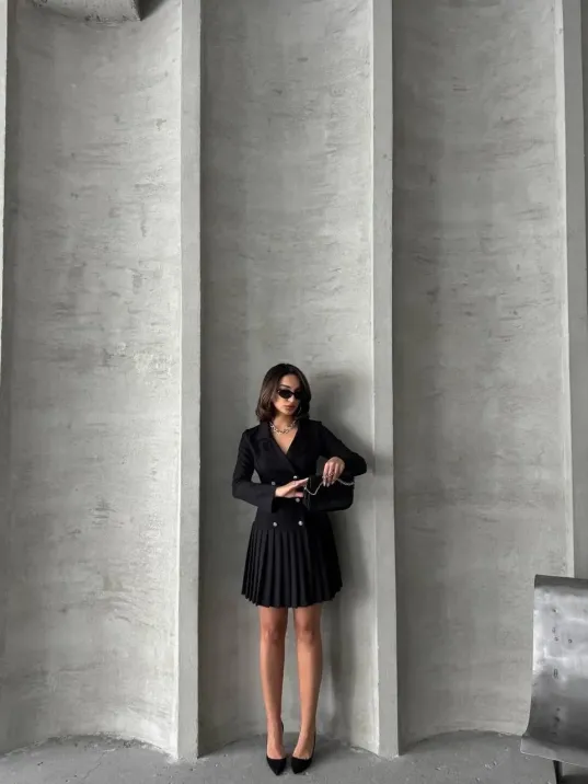 Altı Piliseli Uzun Kollu Ceket Elbise Siyah S255016