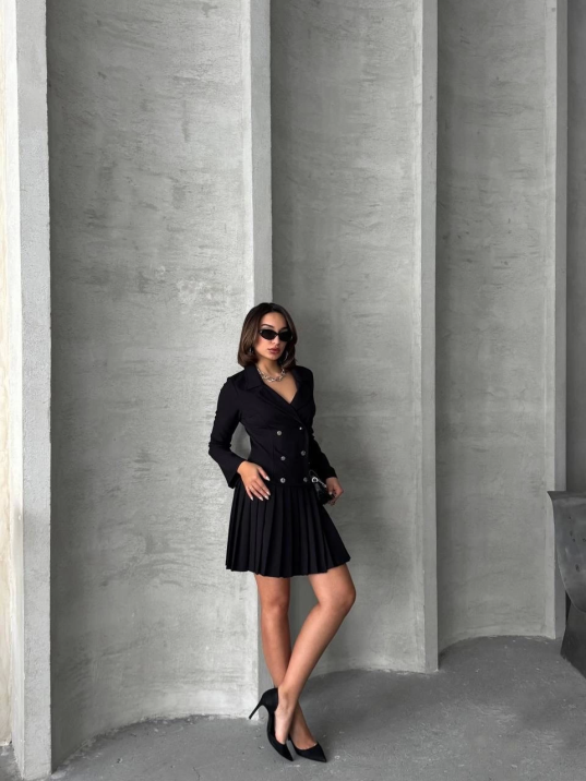 Altı piliseli uzun kollu ceket elbise siyah s255016 Altı piliseli uzun kollu ceket elbise siyah s255016