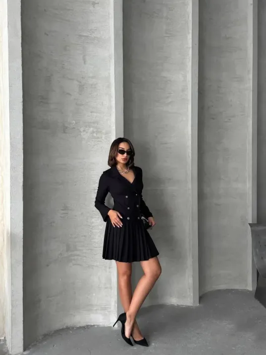 Altı Piliseli Uzun Kollu Ceket Elbise Siyah S255016