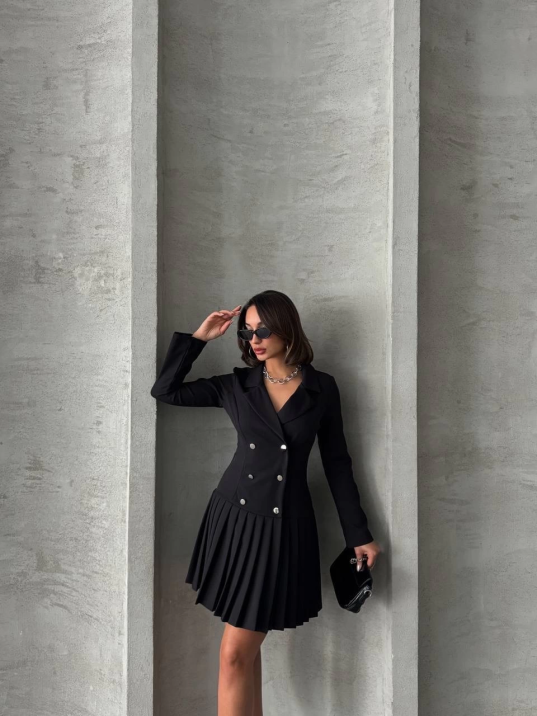 Altı piliseli uzun kollu ceket elbise siyah s255016 Altı piliseli uzun kollu ceket elbise siyah s255016