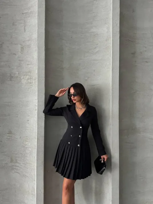 Altı Piliseli Uzun Kollu Ceket Elbise Siyah S255016