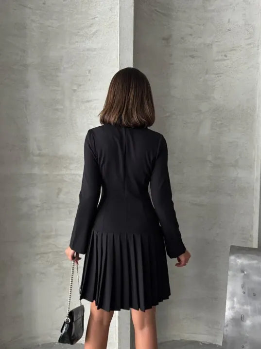 Altı Piliseli Uzun Kollu Ceket Elbise Siyah S255016