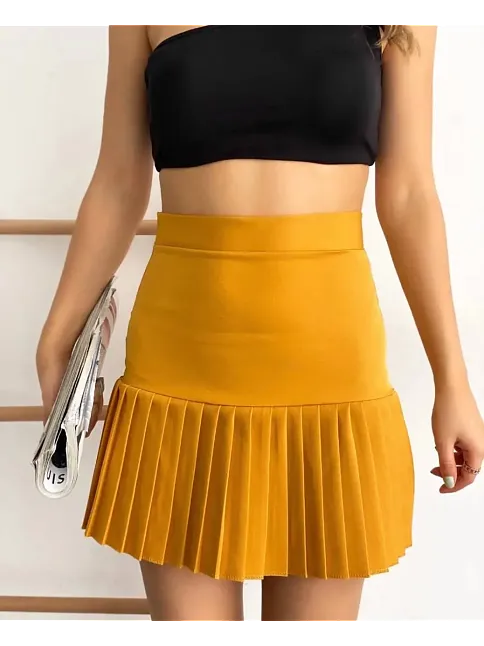 Altı Pliseli Mini Etek Hardal S24705