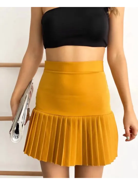 Altı Pliseli Mini Etek Hardal S24705