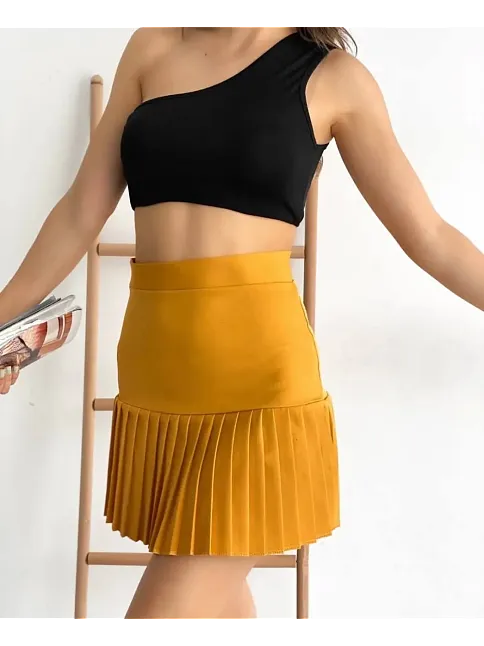 Altı Pliseli Mini Etek Hardal S24705