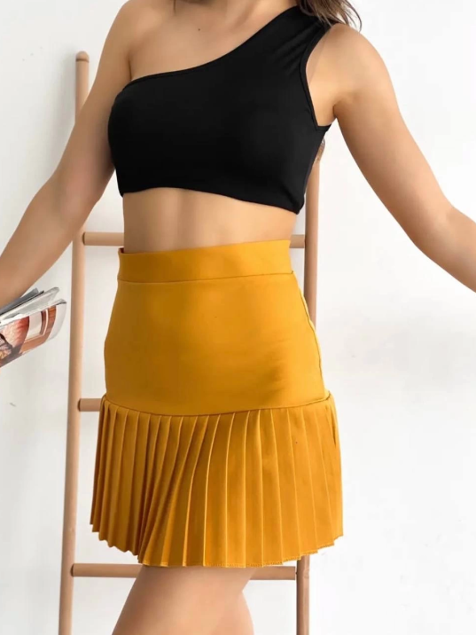 Altı pliseli mini etek hardal s24705 Altı pliseli mini etek hardal s24705