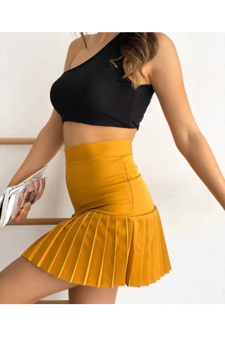 Altı pliseli mini etek hardal s24705