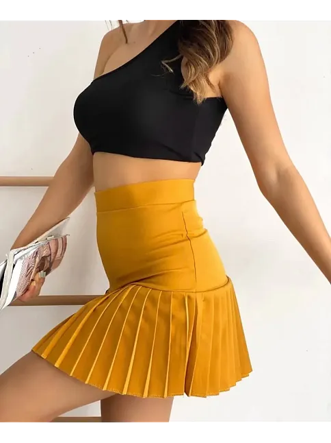Altı Pliseli Mini Etek Hardal S24705