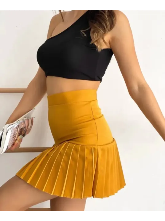 Altı Pliseli Mini Etek Hardal S24705