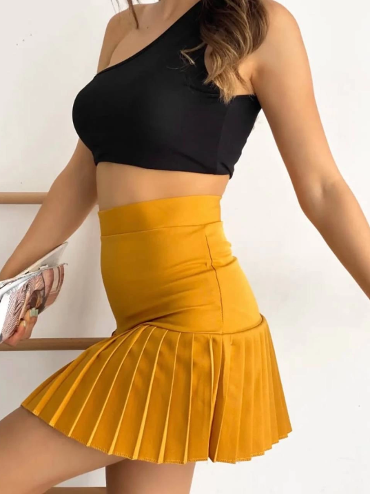 Altı pliseli mini etek hardal s24705 Altı pliseli mini etek hardal s24705