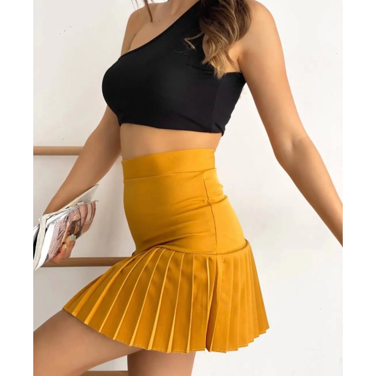 Altı pliseli mini etek hardal s24705 Altı pliseli mini etek hardal s24705