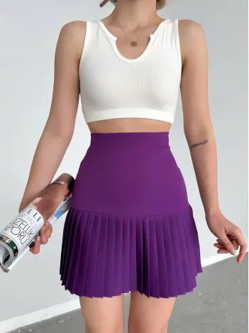 Altı Pliseli Mini Etek Mor S24705