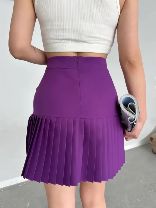Altı Pliseli Mini Etek Mor S24705