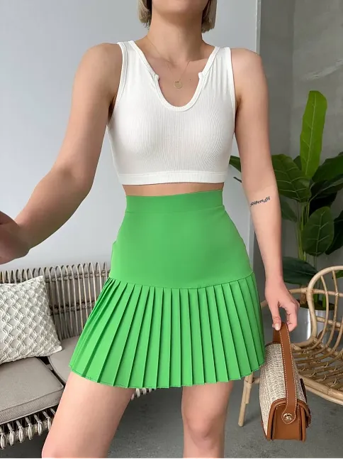 Altı Pliseli Mini Etek Yeşil S24705