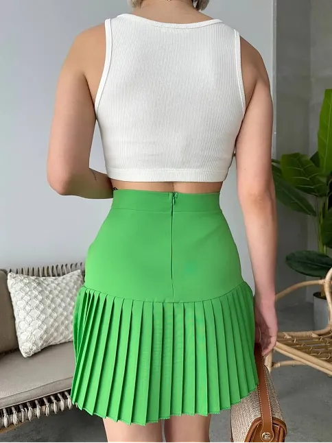 Altı Pliseli Mini Etek Yeşil S24705