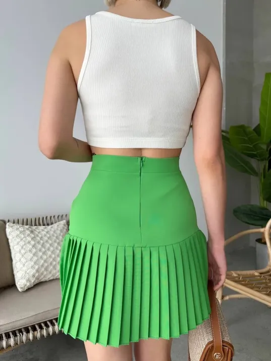 Altı Pliseli Mini Etek Yeşil S24705