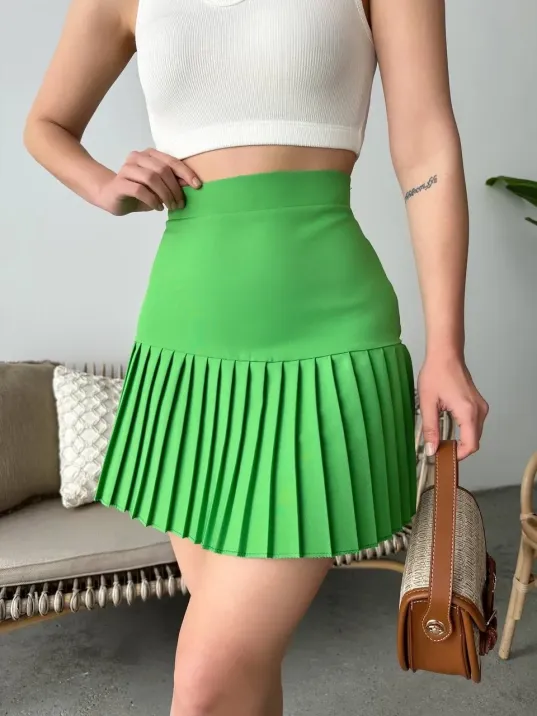 Altı Pliseli Mini Etek Yeşil S24705