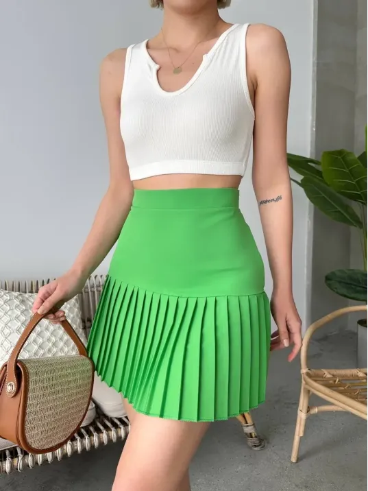 Altı Pliseli Mini Etek Yeşil S24705