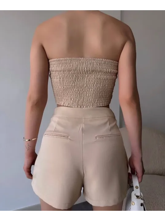 Arkadan Büzgülü Esnek Büstiyer Bej