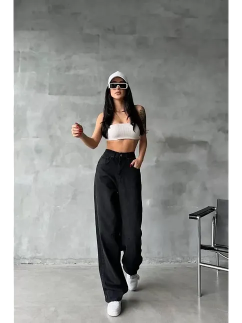 Arkadan Tokalı Jeans Pantolon Siyah