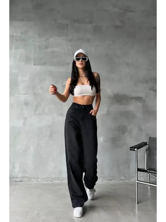 Arkadan Tokalı Jeans Pantolon Siyah