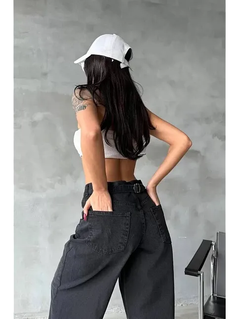 Arkadan Tokalı Jeans Pantolon Siyah