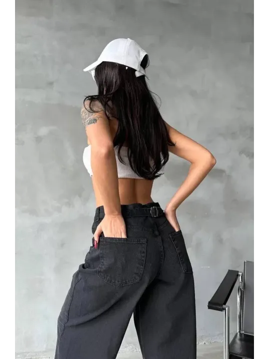 Arkadan Tokalı Jeans Pantolon Siyah