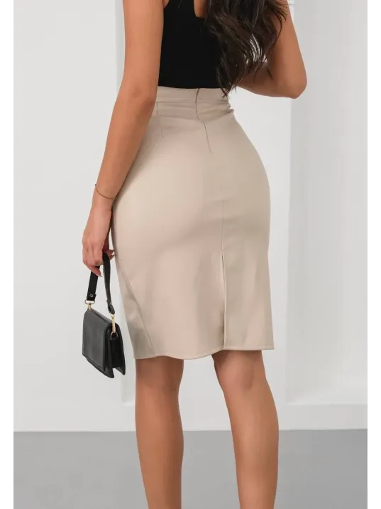 Arkadan Yırtmaçlı Kalem Etek Bej