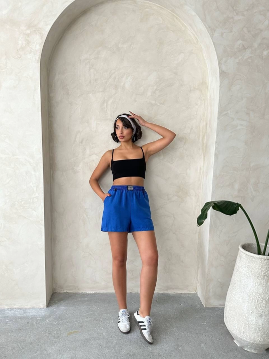 Armalı keten şort saks mavisi s251003 Armalı keten şort saks mavisi s251003