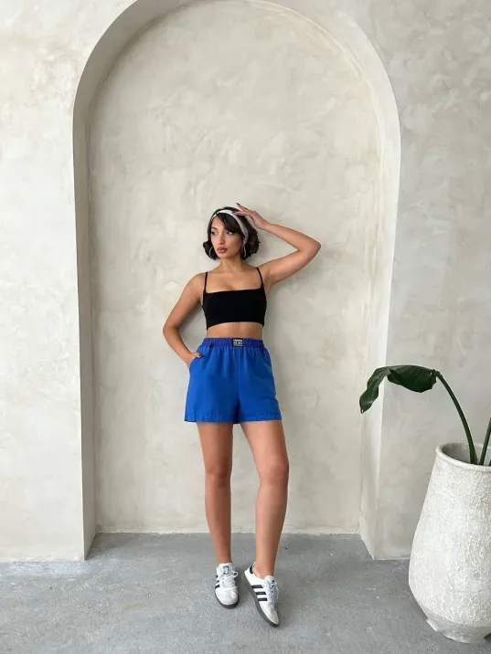 Armalı Keten Şort Saks Mavisi S251003