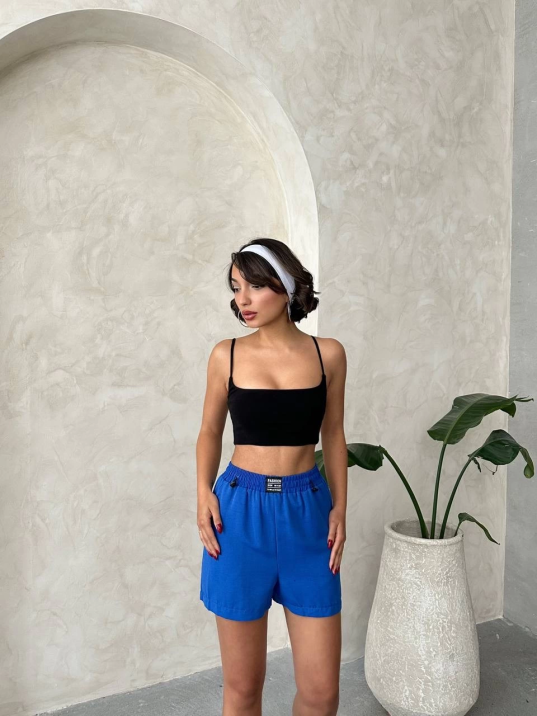 Armalı keten şort saks mavisi s251003 Armalı keten şort saks mavisi s251003