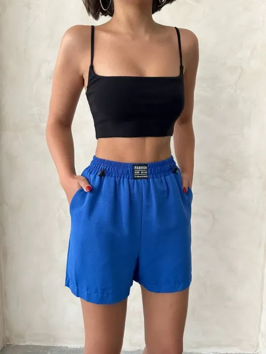 Armalı Keten Şort Saks Mavisi S251003