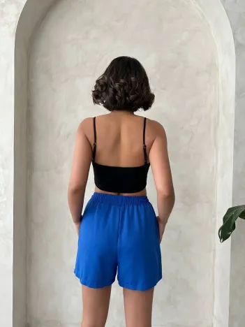 Armalı Keten Şort Saks Mavisi S251003