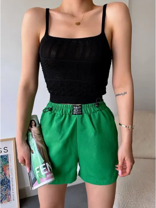 Armalı Keten Şort Yeşil S251003
