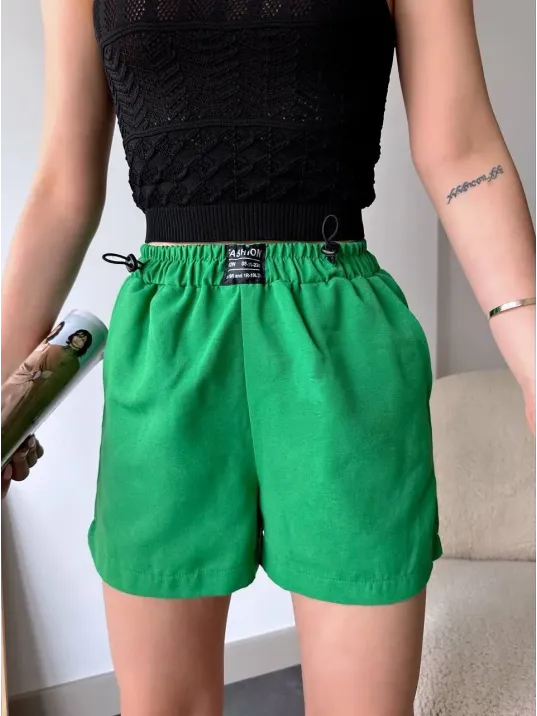 Armalı Keten Şort Yeşil S251003