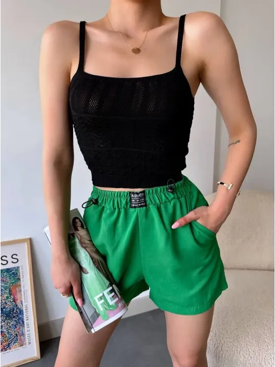 Armalı Keten Şort Yeşil S251003