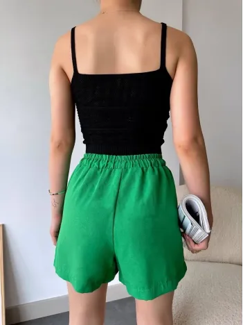 Armalı Keten Şort Yeşil S251003