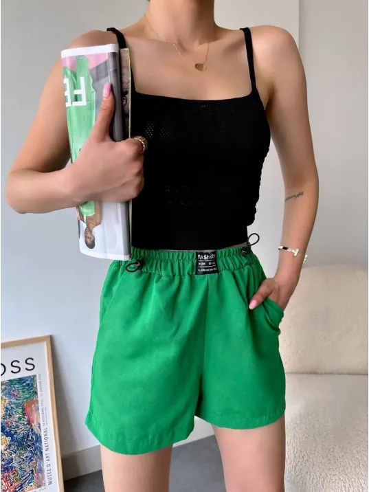 Armalı Keten Şort Yeşil S251003