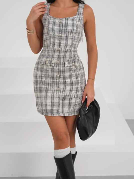 Askılı ch kumaş düğmeli elbise gribeyaz h265007 Askılı ch kumaş düğmeli elbise gribeyaz h265007